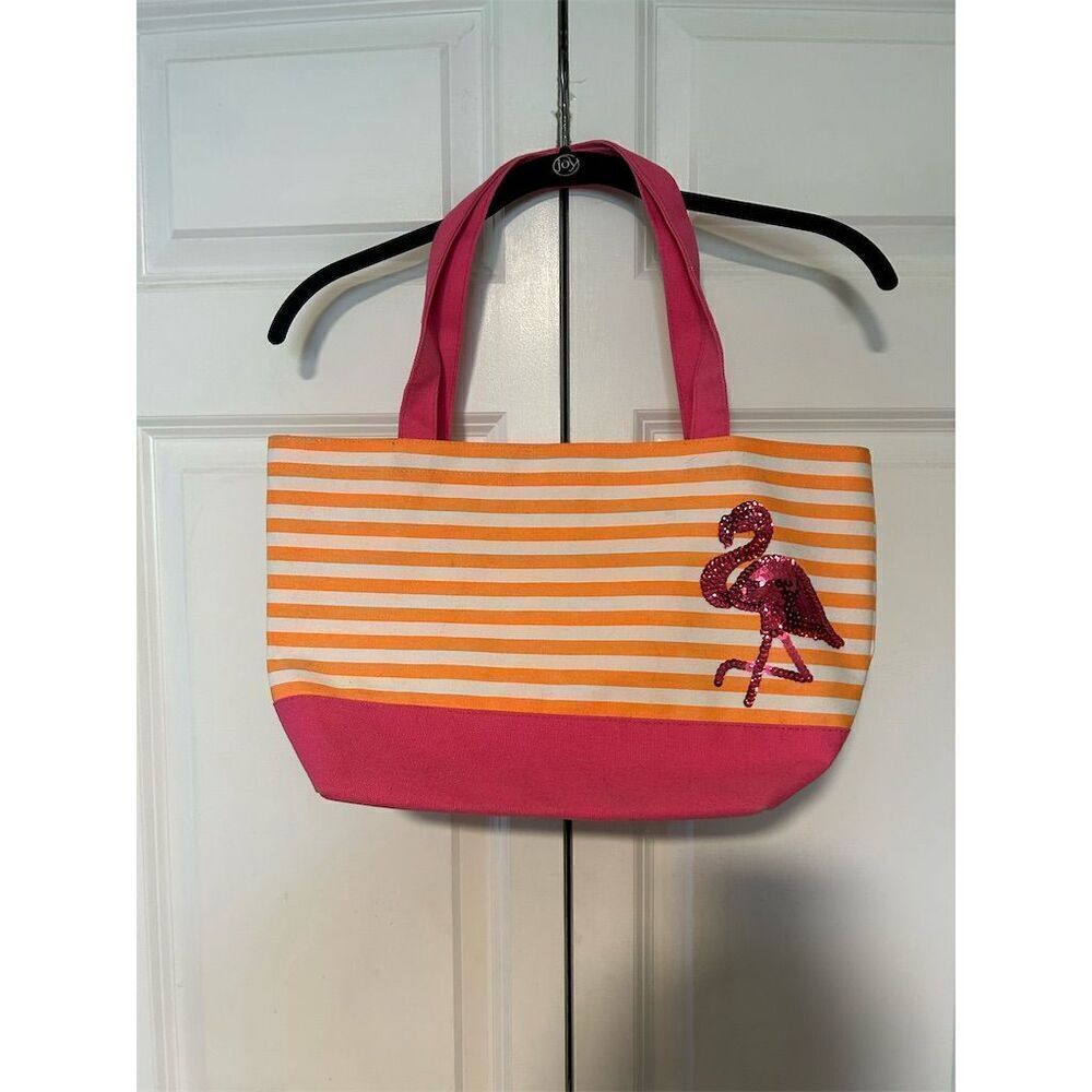 Quacker Factory Flamingo Summer Tote Orange/Pink Canvas with rhinestones